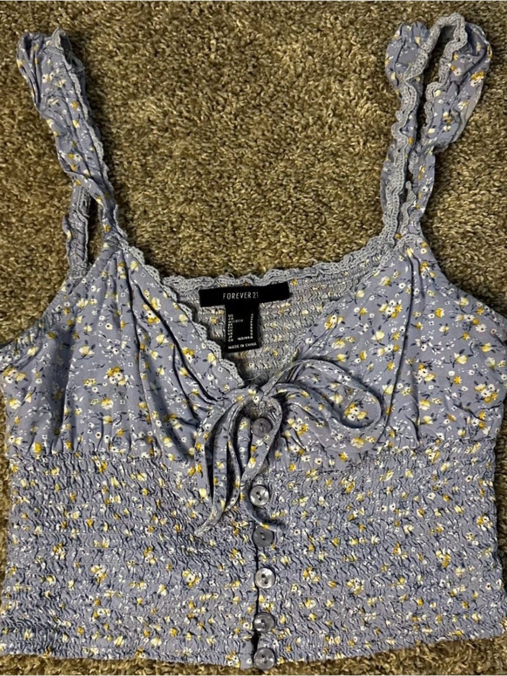 Forever 21 Lavender Floral Smocked Crop Tank with Yellow Accents